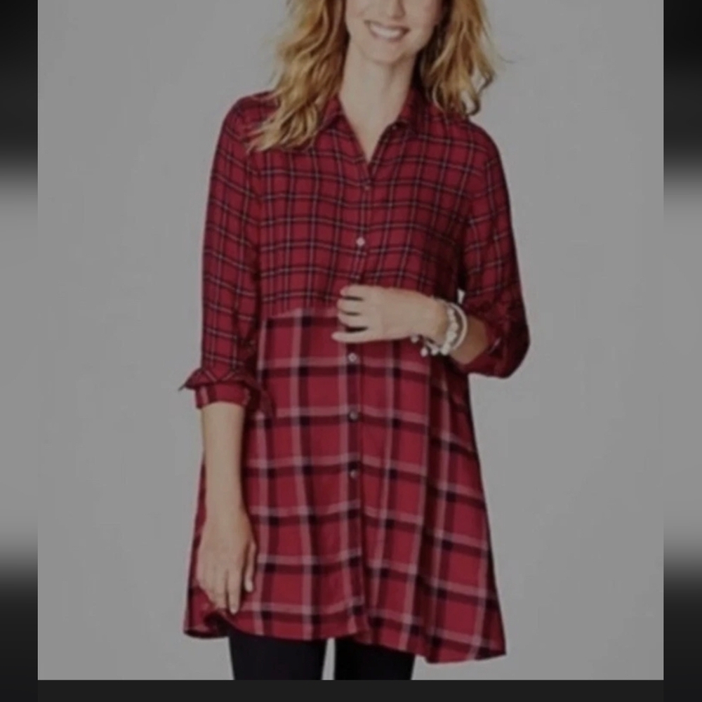 J. Jill Petite Mixed Plaid Double Cloth Tunic Shirt Blouse Red Black Size S